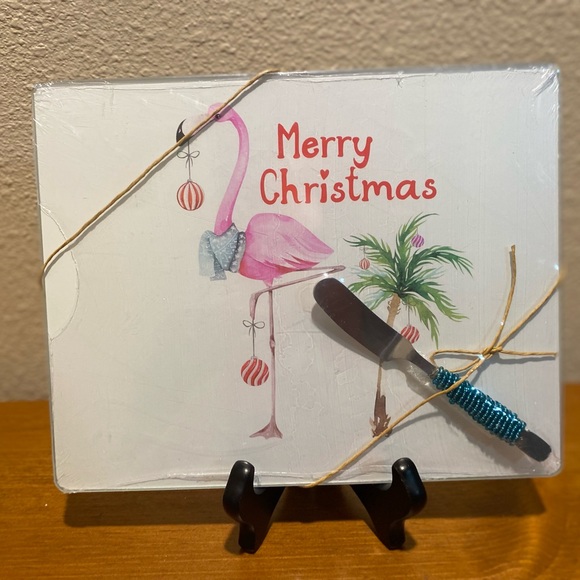 Christmas Flamingo Cutting Board With Spreader, Glass Flamingo Cutting Board - Picture 15 of 16